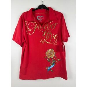 Y2k Red Golden T Shirt Women's 2X True Love Graphic Collared Short Sleeve Cotton